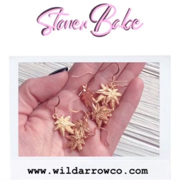Wild Mary Jane 420 Pot Leaf 18K Gold Dangle Earrings - Picture 4 of 5